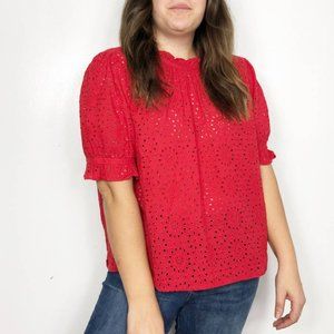 Madewell Embroidered Eyelet Ruffle Neck Top in Red Size Medium